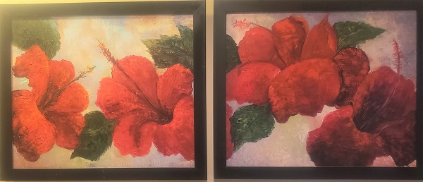 Diptych  Red Hibiscus, knife textures, 2 paintings
