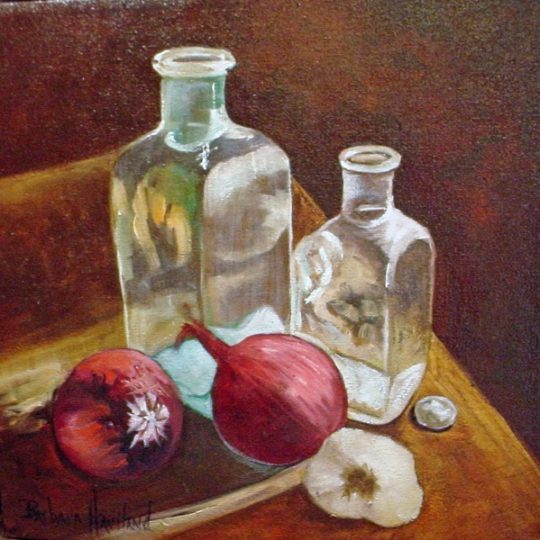 Glass,Onions, and Garlic, Still Life,oils on canvas panel