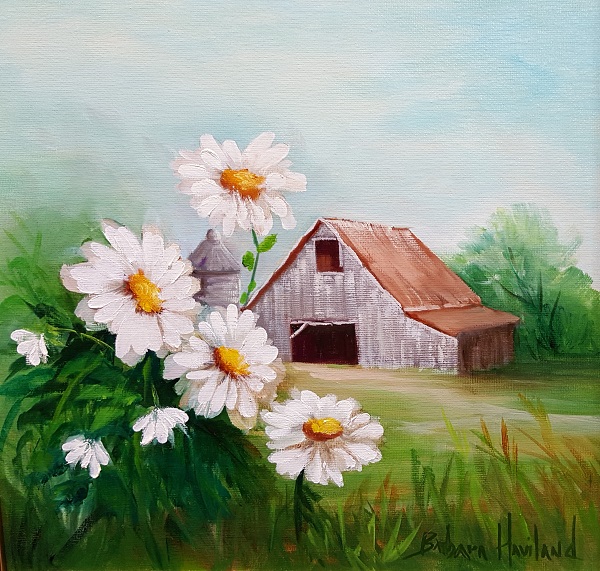 Barn and Daisies Landscape Floral