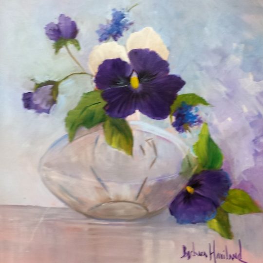 Purple Pansies in Glass Vase
