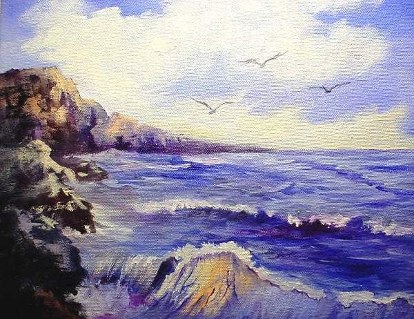 New Drawing--The Sea with Rocks and Sea Gulls