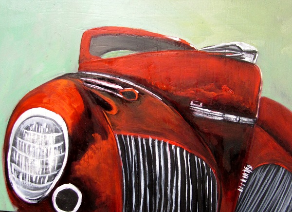 Red Sedan, vehicle, oil painting