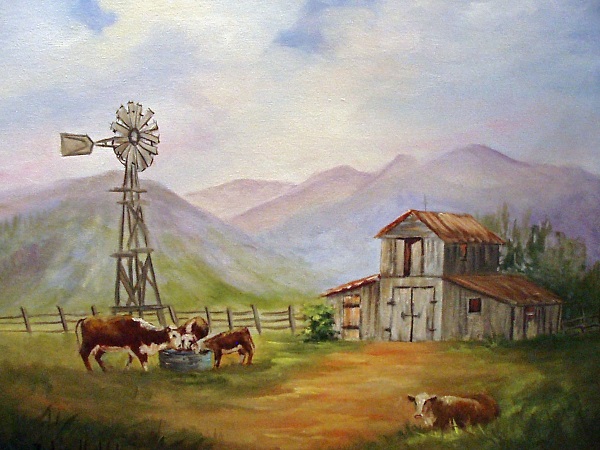 Cows,Barn and Windmill
