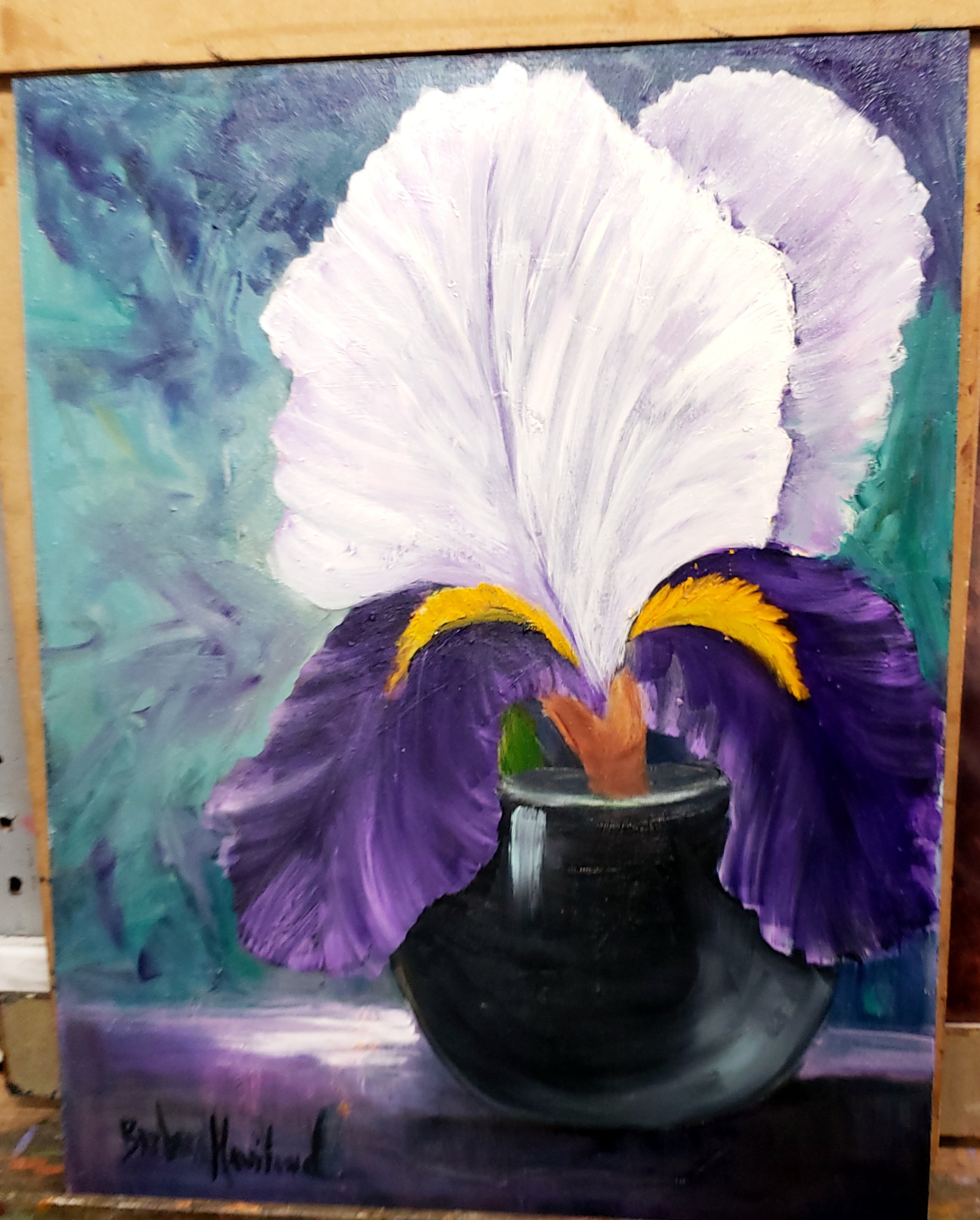 White and Purple Iris in Black Vase