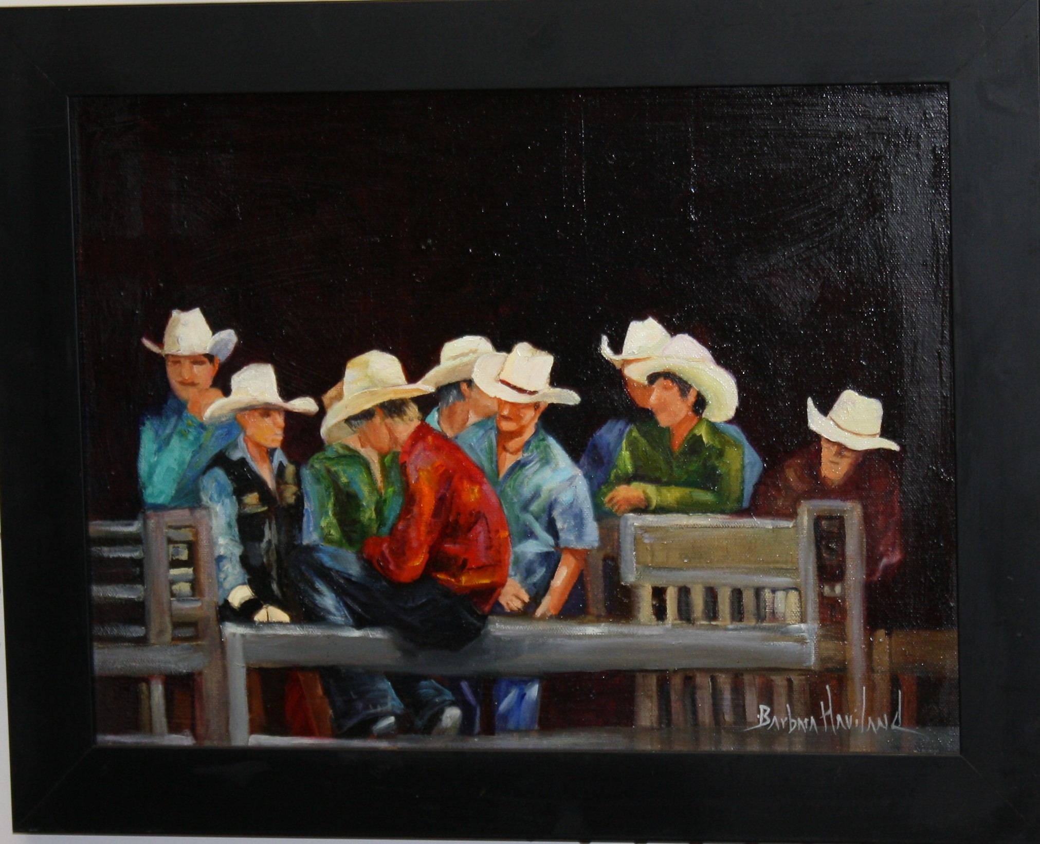Nine Cowboys on a Fence, figures,oil painting