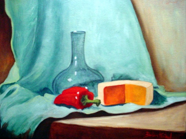 Bottle,Cheese,and pepper, Still Life