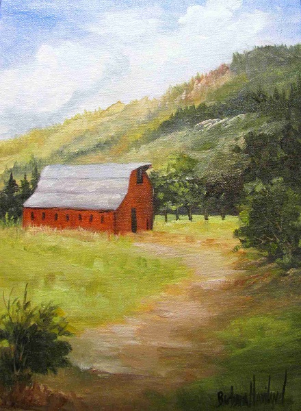 Red Barn and Mountains