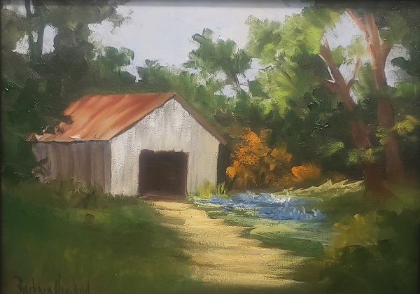 Gray Barn and Blue Bonnets, oil painting