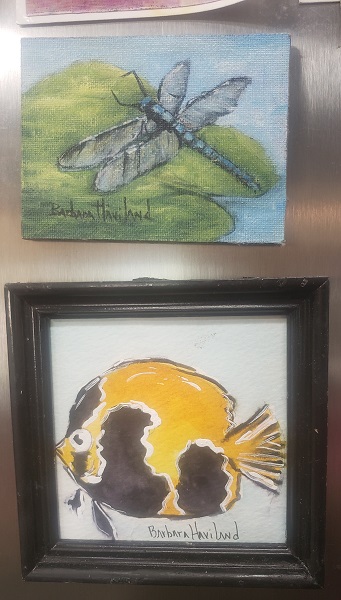 Watercolor Fish and Dragonfly  tiny paintings
