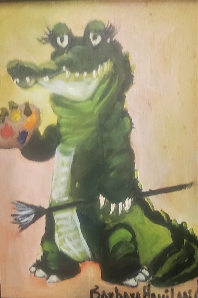 Artist Alligator,  cartoon oil painting