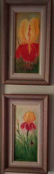 2 Red and Yellow Iris oil paintings,11x5 each